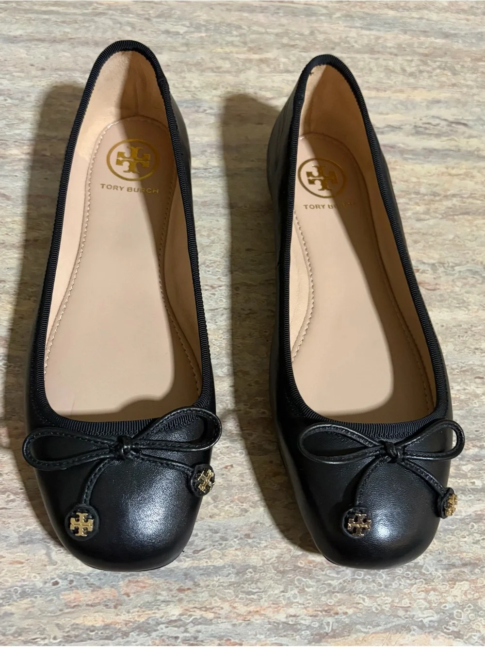 Tory Burch Laila Driver Black Leather Bow Ballet Flats with Gold Logo Charms